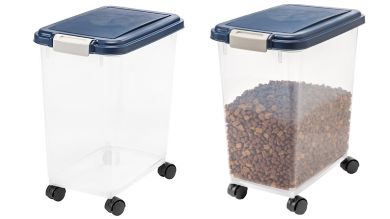 Two images of a clear plastic storage bin