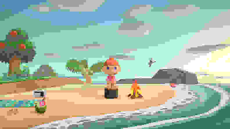 A red-haired girl sits on a tree stump at the beach, looking out toward the waves with a smile.
