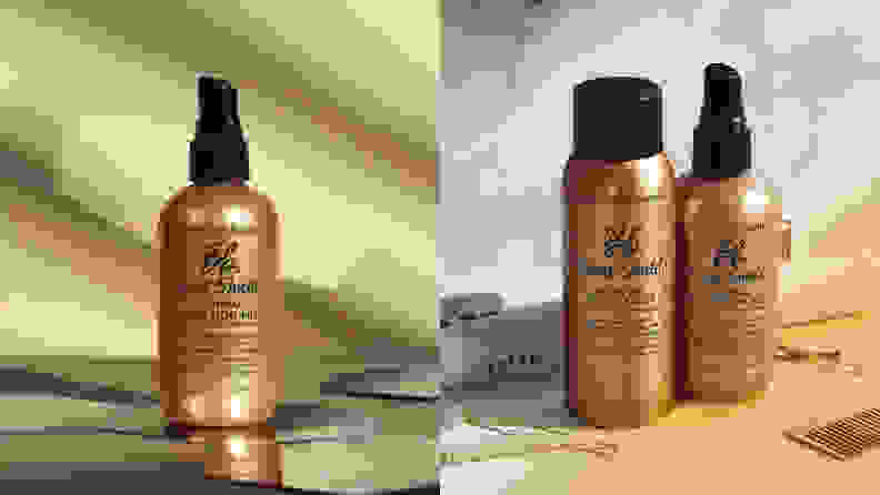 On the left: A gold spray bottle. On the right: Two hold spray bottles next to each other.