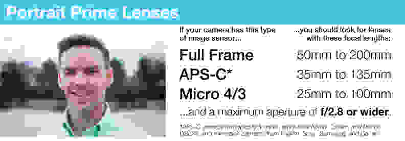 A portrait prime's focal length will fall into these ranges,depending on what kind of camera you're using.