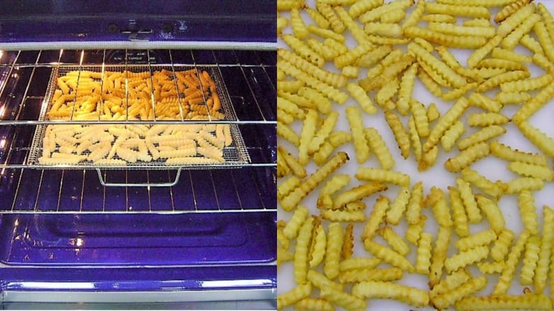 Side by side photos of French fries air frying in an electric oven and the final crispy fries.