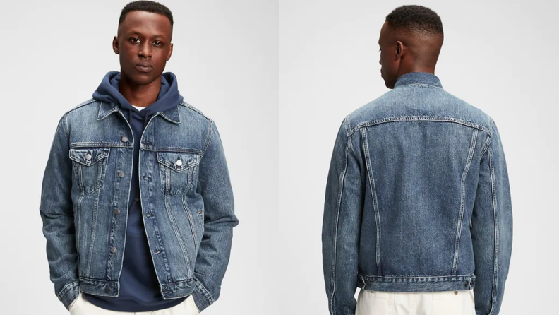 Man wearing faded indigo jean jacket from Gap.