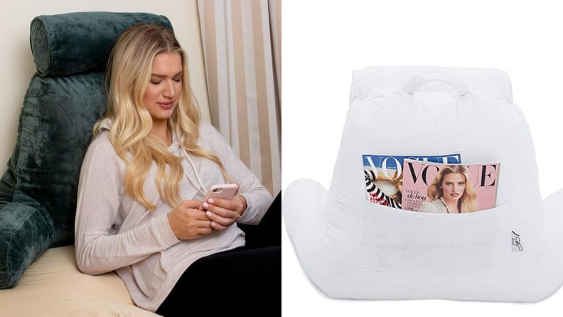 A person lounges with a pillow.