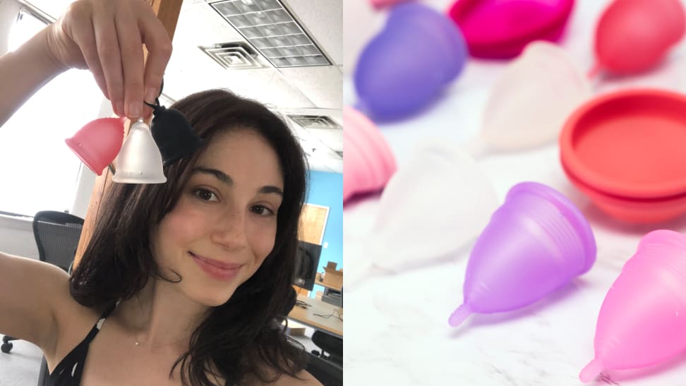 Left: Woman smiling and holding menstrual cups, selfie. Right: Colorful menstrual cups laid on marble background.
