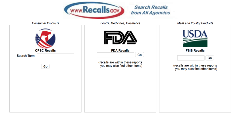 A screenshot of the Recalls.gov website showing entry fields to search for recalled products.