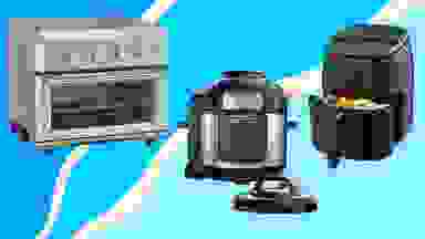 silver oven, Ninja pressure cooker, black air fryer