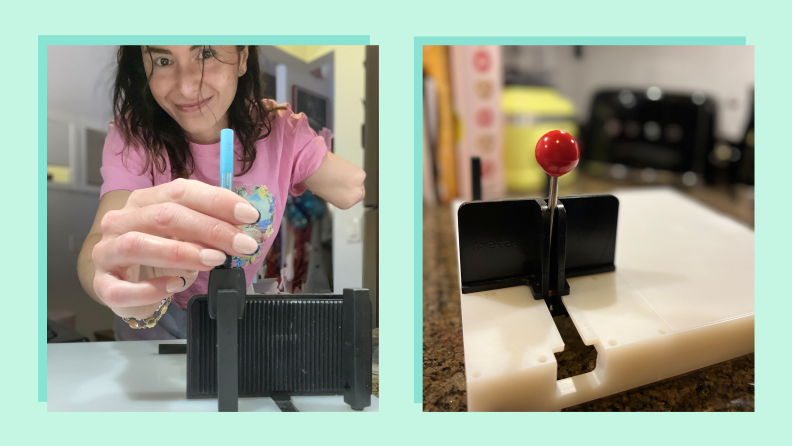 A person secures an item with an accessible cutting board.