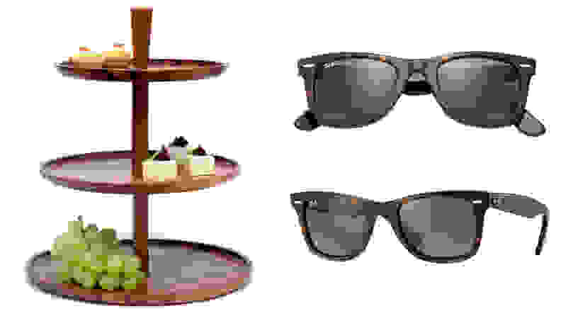 Wooden Tiered serving tray and Ray-Ban Wayfarer sunglasses