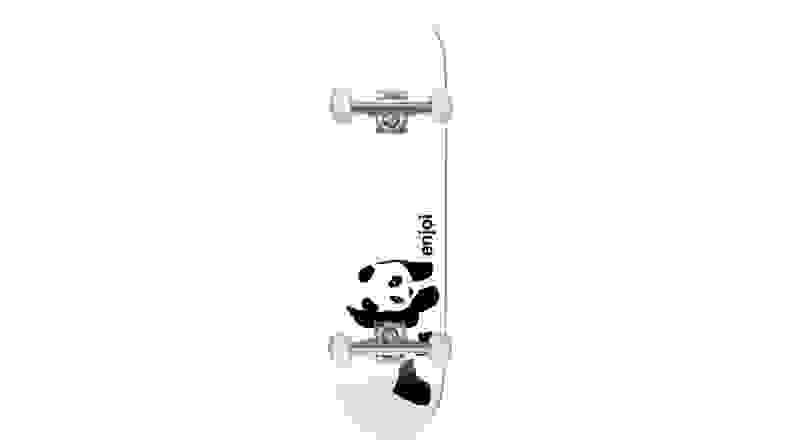 A while skateboard with a black panda.