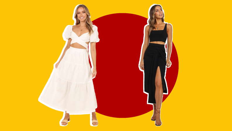 A model wearing a white halter top and flowy skirt and another model wearing a black halter and slim-cut midi skirt.