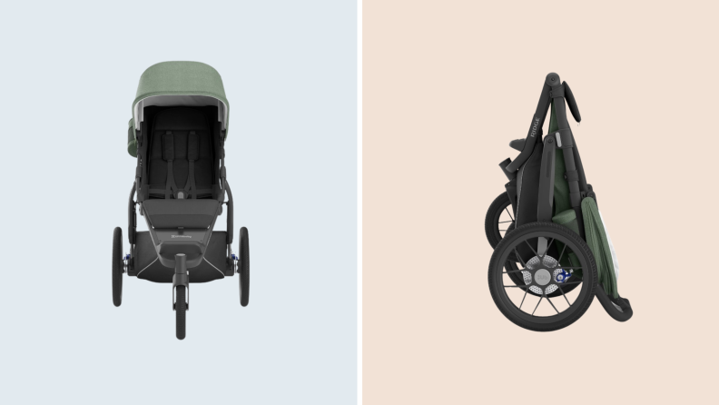 Split image of the front of the Uppababy Ridge Jogging Stroller while unfolded and a side view of it while folded.