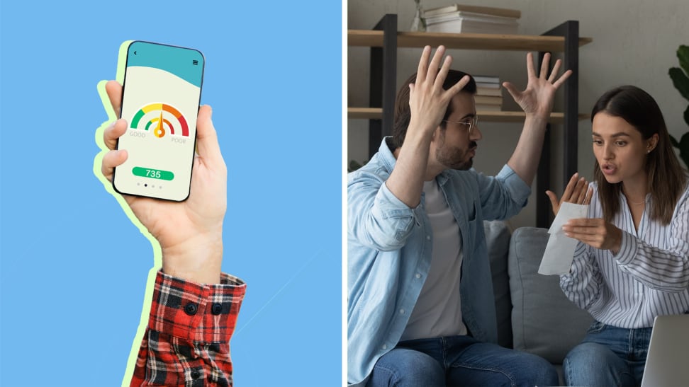 A hand holding a smartphone displaying a credit report against a blue background on the left. A stock photo of a couple arguing on the right.