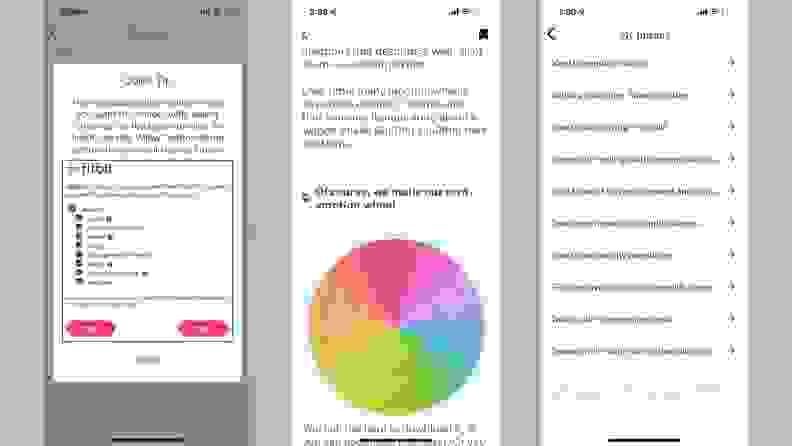 Three screenshots: data permissions for Fitbit, a mood wheel, and saved articles in the app