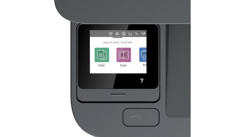 Closeup of the touch screen panel on the HP 3101fdw showing Copy, Scan, and Print options