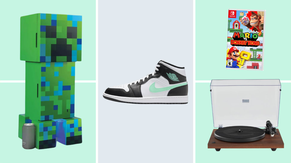 A selection of the best gifts for teen boys, including Nike Jordan shoes, Mario Vs. Donkey Kong, a Minecraft Charged Creeper mini fridge, and a Crosley C6 Record Player.