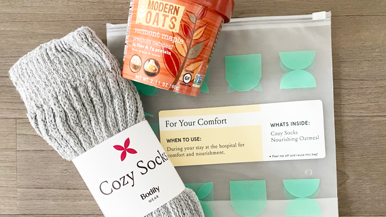 Bodily's Comfort Bundle includes a pair of textured gray Cozy Socks and vermont-maple premium oatmeal.