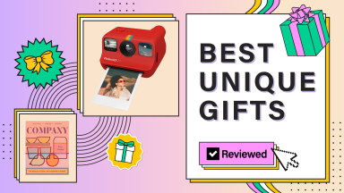 A collage with pictures of a cookbook and an instant Polaroid camera and the words, "Best unique gifts."