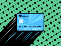 An illustration of a blue Reviewed-branded credit card that reads The Best Right Now