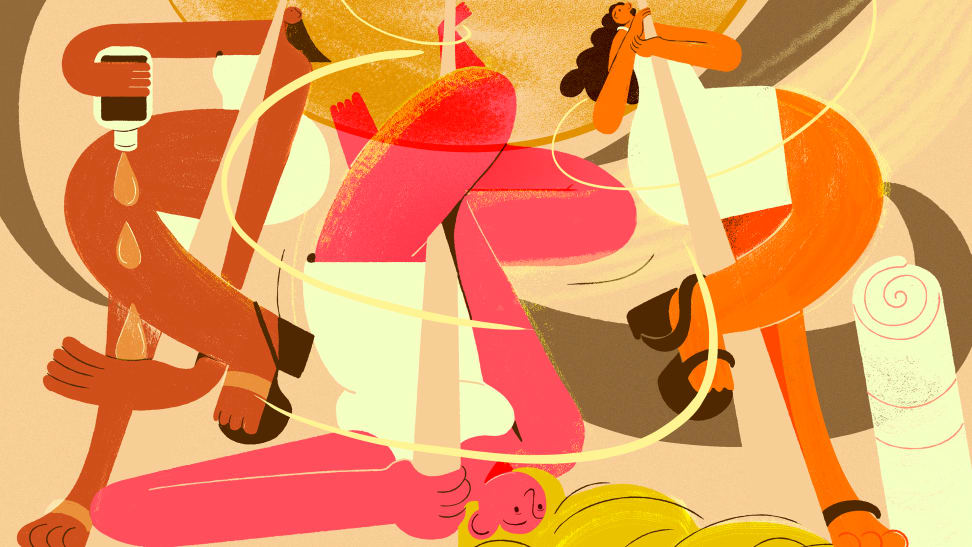 Abstract illustration of three figures pole dancing in a studio surrounded by towels and body oil.