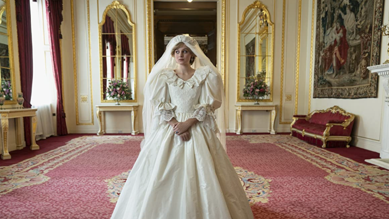 A still from the series The Crown featuring Emma Corrin as Princess Diana