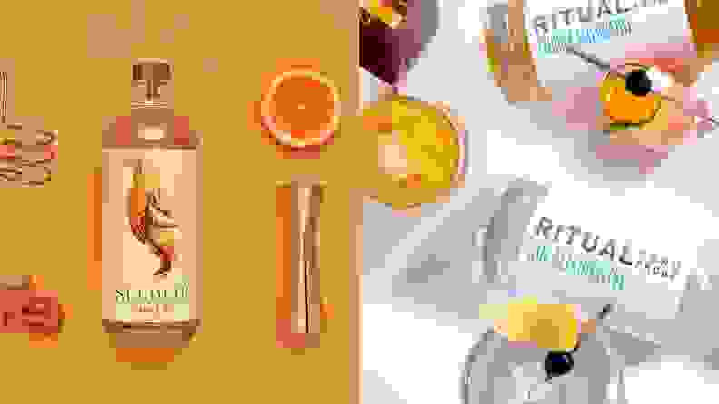 Left: A bottle of Seedlip alcohol-free citrus spirit lays atop a light orange background next to a gold jigger, an orange segment, and other bar tools. Right: Bottle of Ritual non-alcoholic spirits are strewn about a white background amidst lemons, oranges, mixed drinks, and bar tools.