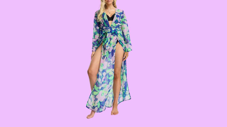 A floral-print kimono-style sheer coverup.