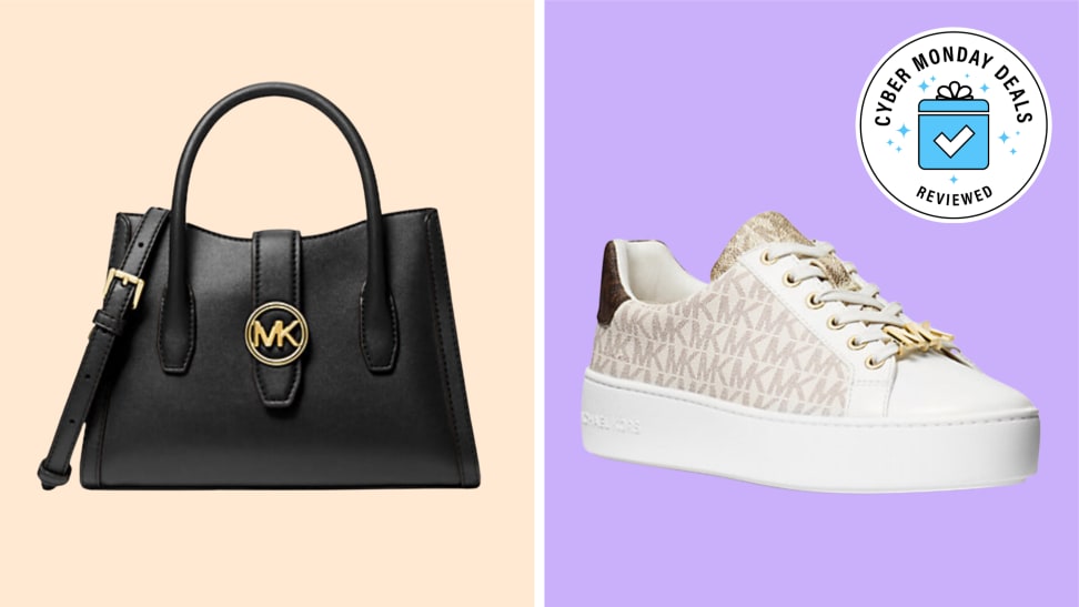 Black and gold handbag and white and nude sneakers on nude and lavender background