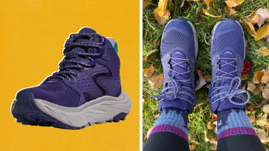 A product shot of a Hoka hiking boot and a photograph of a woman hiking wearing the same style of boot.