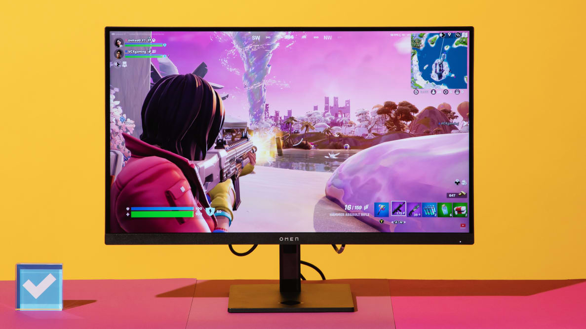 The HP Omen 27q gaming monitor displaying a match of Fortnite.