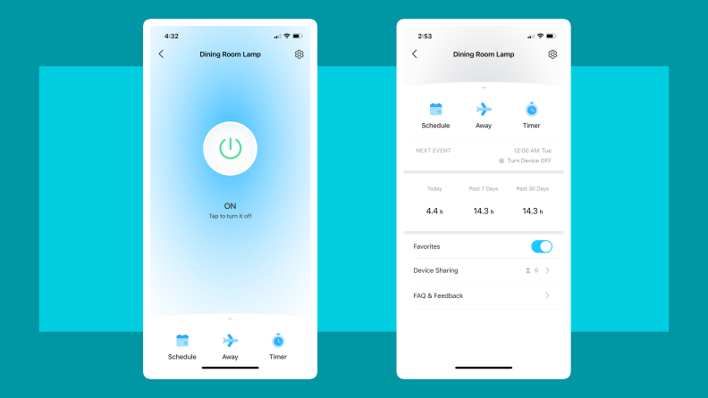 On left, screenshot from the Tapo smart app that is controlling functions of a nearby lamp. On right, screenshot from the Tapo app that displays the wattage usage of a nearby lamp.