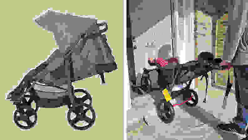 On the left, a picture of a Special Tomato EIO Push Chair on a green background, on the right, a man pushing the Special Tomato EIO Push Chair through a front door.