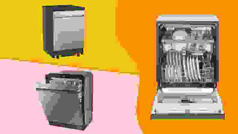 Three dishwashers against a multicolored background.