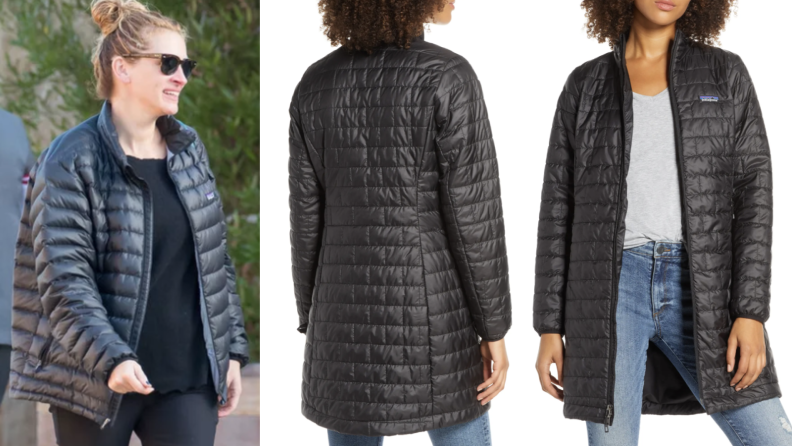 Actress Julia Roberts and a model are pictured wearing the same black Patagonia coat.