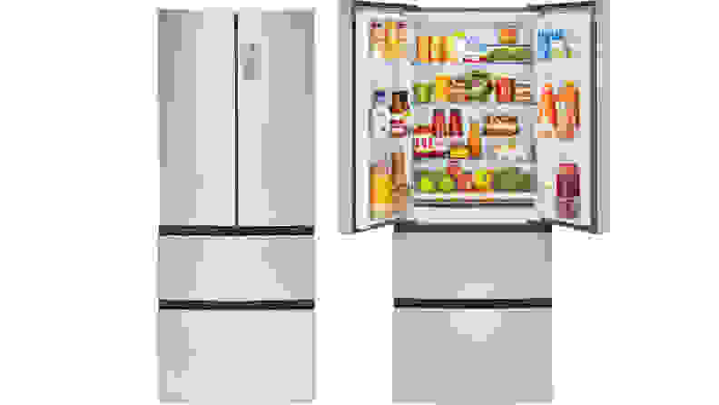 Two Haier fridges side by side in a white void. On the left its doors are closed. On the right its doors are open, revealing it's fully stocked with food.