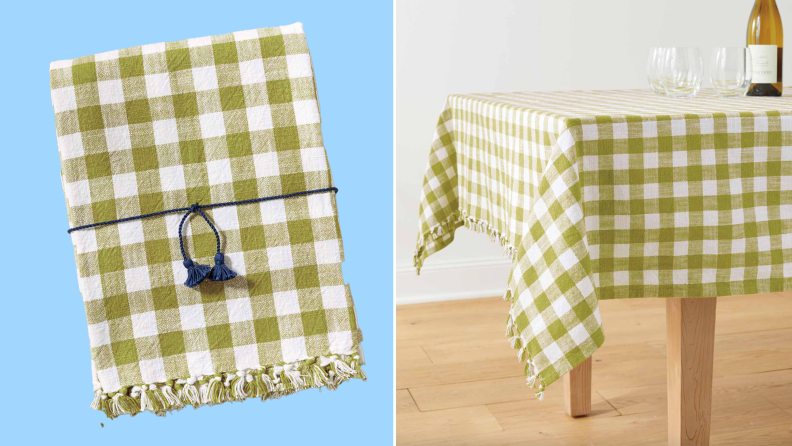 Product shot of gingham patterned green and white table cloth.
