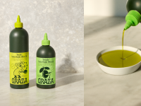 On the left, two bottles of olive oil. On the right, a drizzle of olive oil into a small bowl.