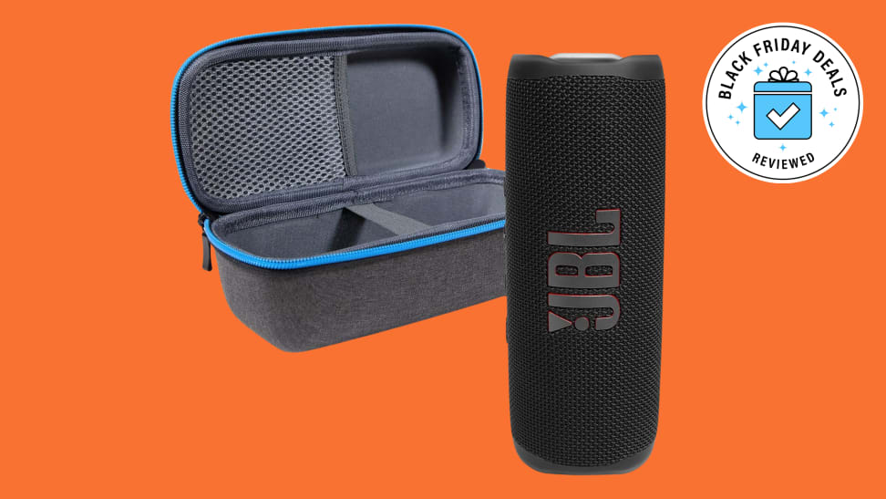 A JBL Flip 6 Bluetooth speaker and case on an orange background.