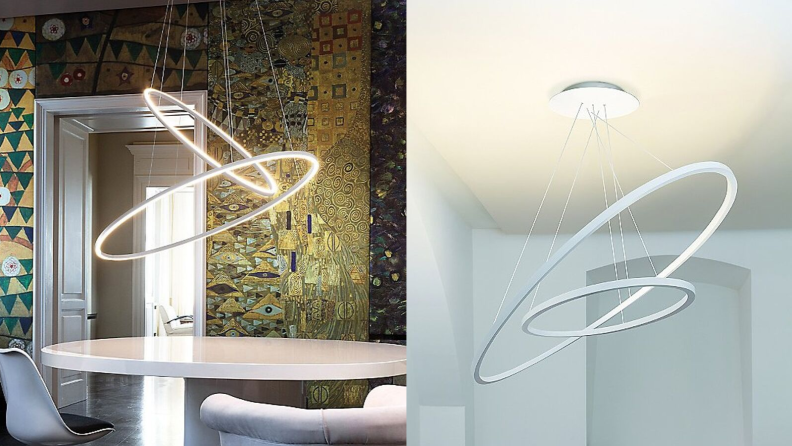 Side-by-side images of the Elisse LED chandelier