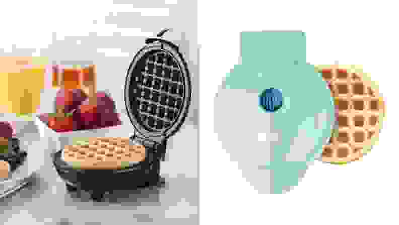 Two photographs show a small baby-blue Dash waffle maker.