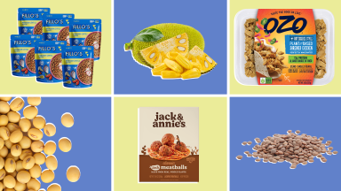There are six boxes with six different alternative plant-based meat proteins, which include: six bags of Fillo's, a jack fruit cut into pieces, a container of Ozo brand plant-based shredded chicken, a box of Jack & Annies's brand of meatballs, a pile of pea protein and a pile of lentils.