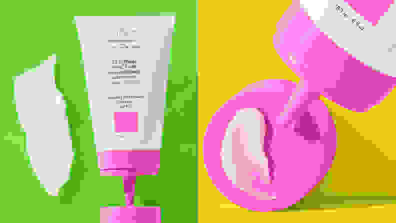 On the left: A white and pink Drunk Elephant squeeze bottle. On the right: The tip of the squeeze bottle hovering over a swatch of white formula.