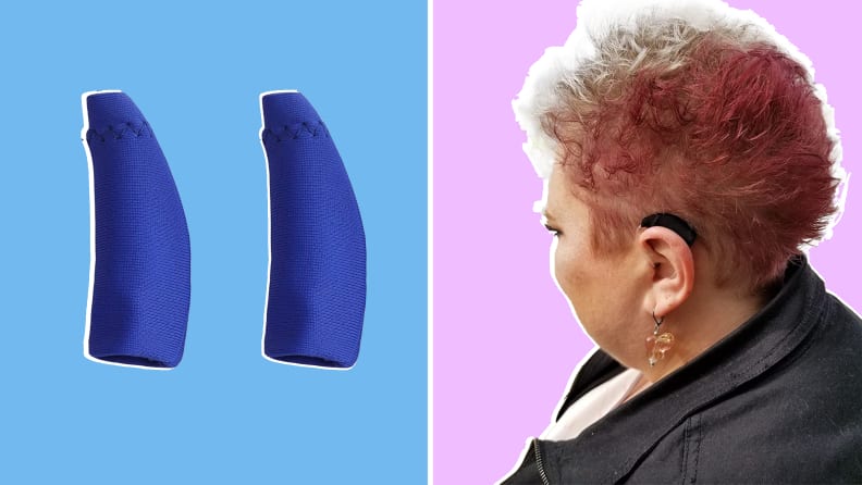 On left, set of two blue Ear Gear Mini Cordless covers. Person wearing Ear Gear Mini Cordless cover over hearing aid.