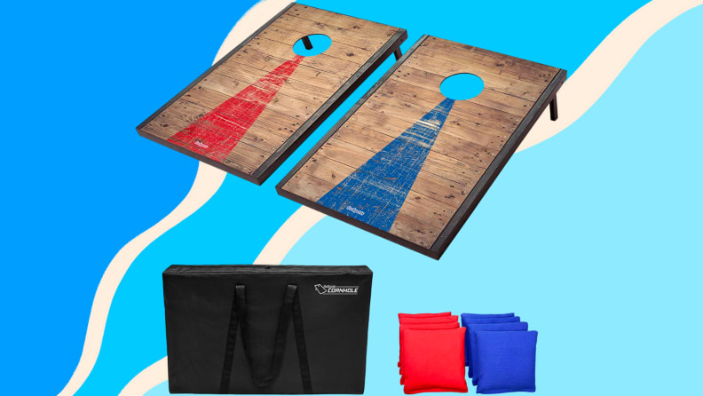 A cornhole outdoor game set against a blue background.