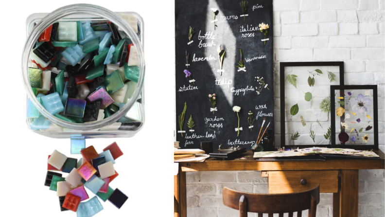 On left, plastic jar filled with multi-colored mosaic glass tiles. On right, various pressed flowers in two black frames and attached to chalk board on top of desk.