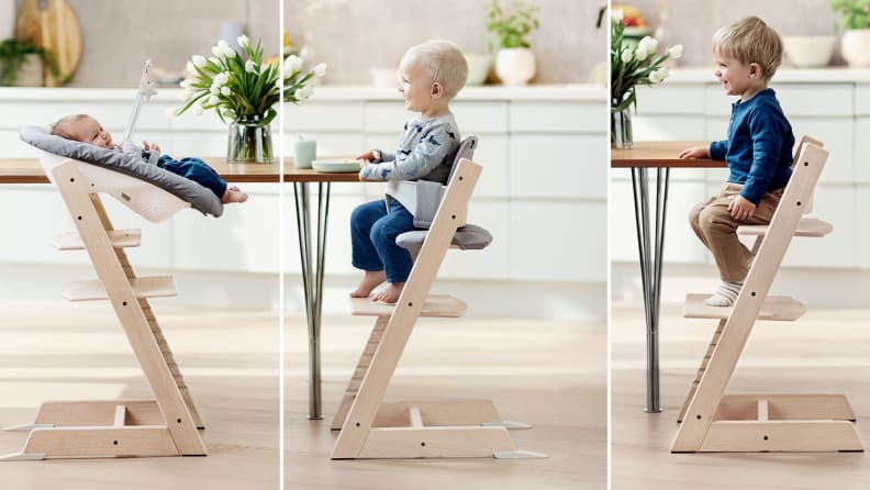 Three images of a Stokke high chair: one with a baby in the recline position, one with a toddler eating with the tray, and one with a bigger kid sitting in the chair.