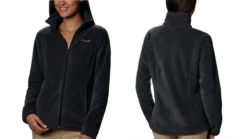 Image of a model showing two versions of a fleece jacket, showing the front and the back.