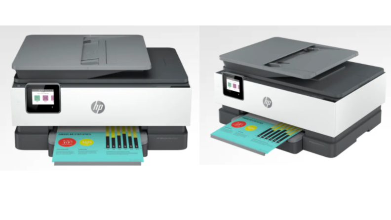 An image of the HP OfficeJet Pro 8035e printer in white and light blue.