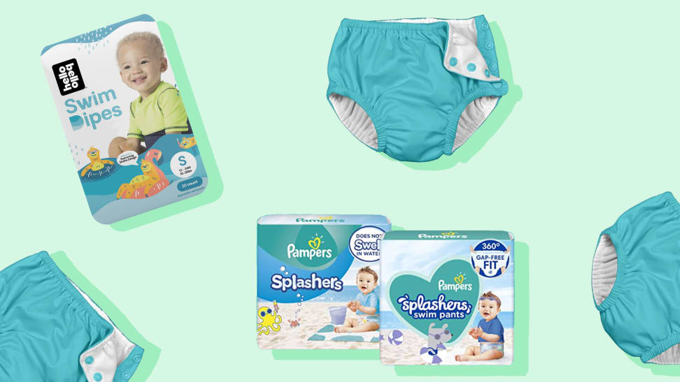 A series of cloth diapers and boxes of Hello Bello and Pampers diapers against a mint green background.