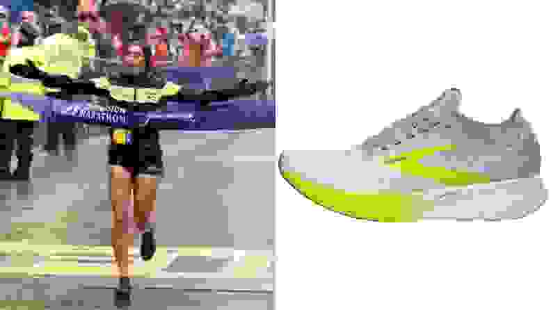 德西蕾·林登在2018年波士顿马拉松女子赛区冲过终点线。