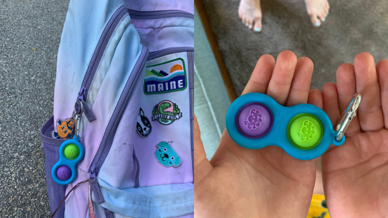 a simpl dimpl is clipped to a child's backpack, next to a close-up image of a simpl dimpl fidget toy